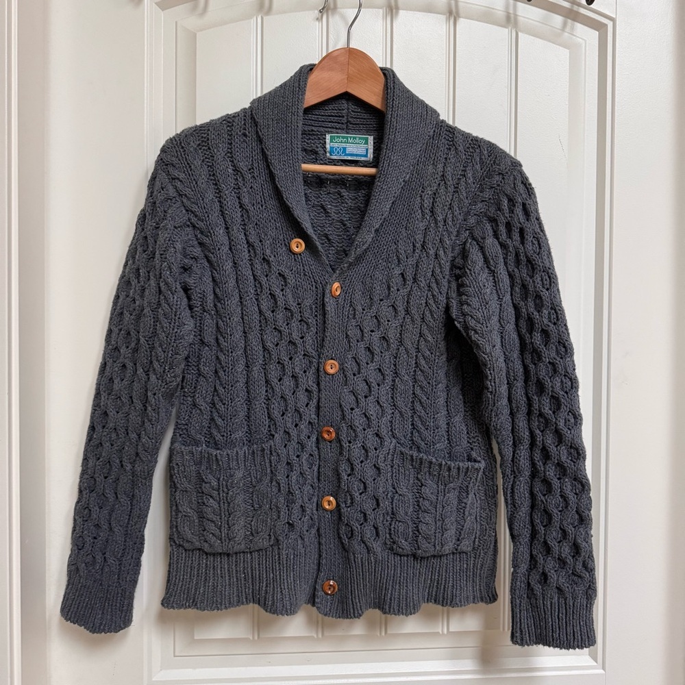 VTG John Molly Grey Cotton Aran Cableknit Shawl Neck Buttoned Cardigan. Size S